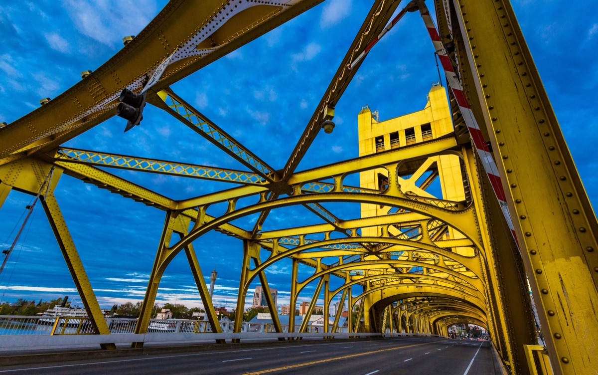 Tower Bridge roadway in Sacramento, California, at dusk