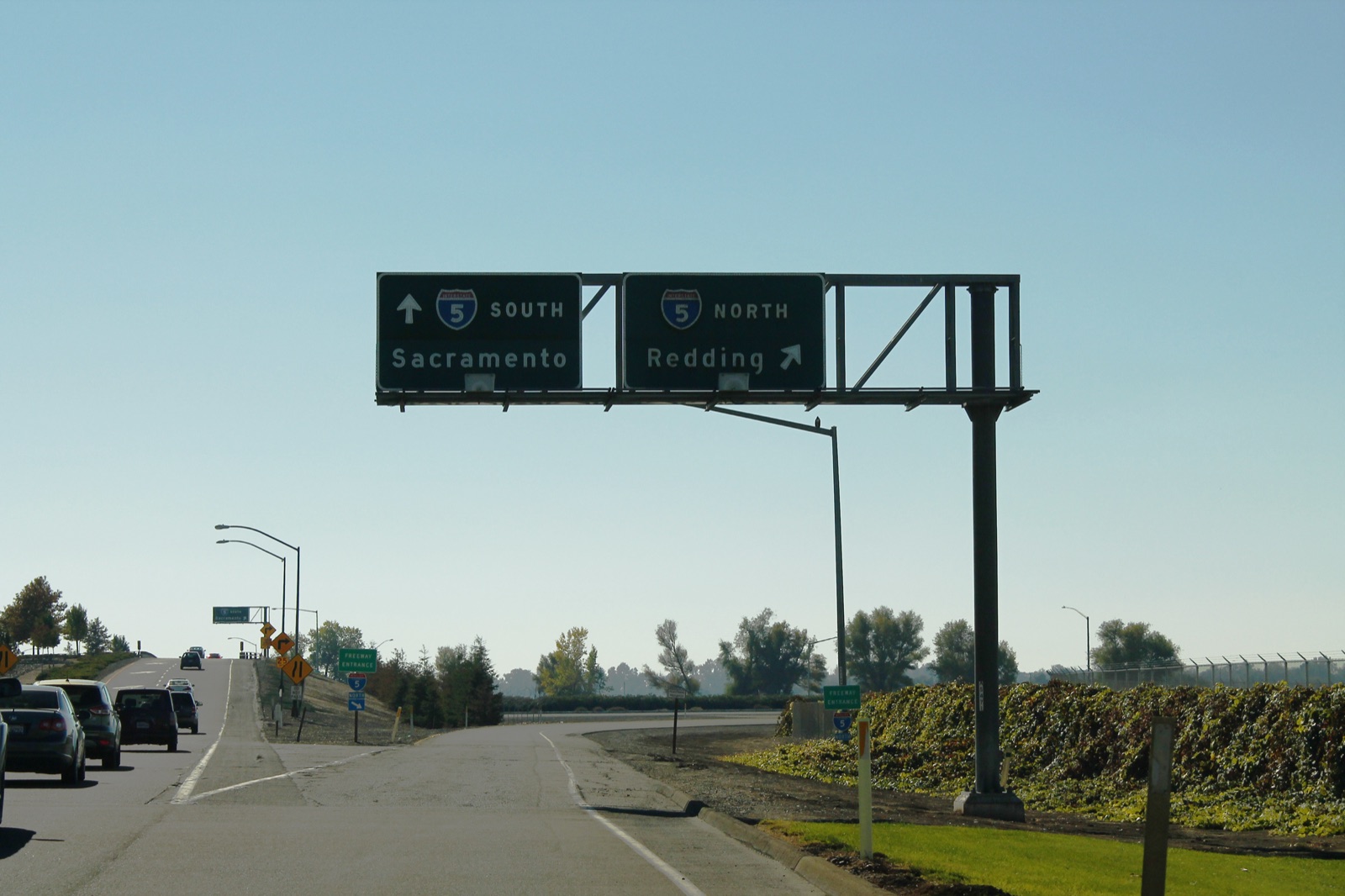 Interstate 5 sign near Sacramento, California, for South Sacramento and North Redding